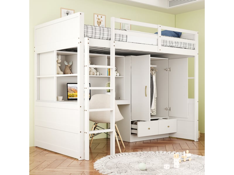  Lit mezzanine 90x200 cm blanc avec bureau, armoire et tiroirs  - Conforama E
