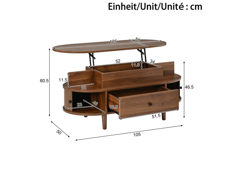 Table basse ovale relevable 105x50x60,5 cm avec rangement, mdf coloris noyer - Conforama C