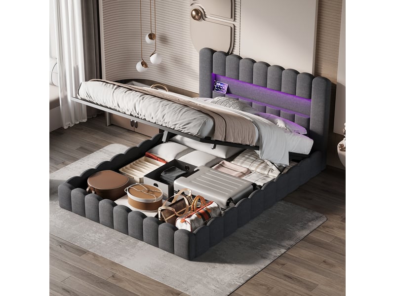  Lit coffre 2 places 140x200 cm, lit adulte avec rangement, compartiment, led, port usb, tissu lin gris  - Conforama B