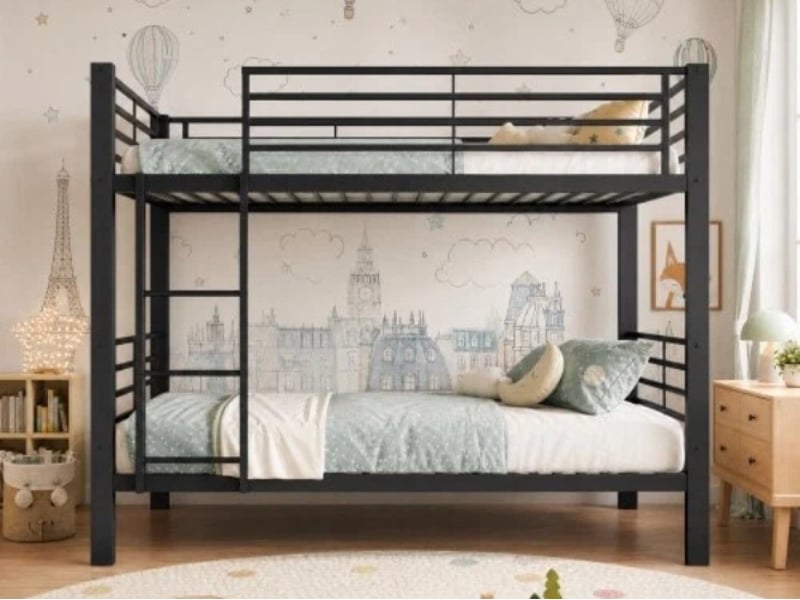  Lit mezzanine 90 × 200 cm, métal et mdf, 8 tiroirs, escalier-rangement, étagères, led, espace bureau, noir, 120 kg  - Conforama B