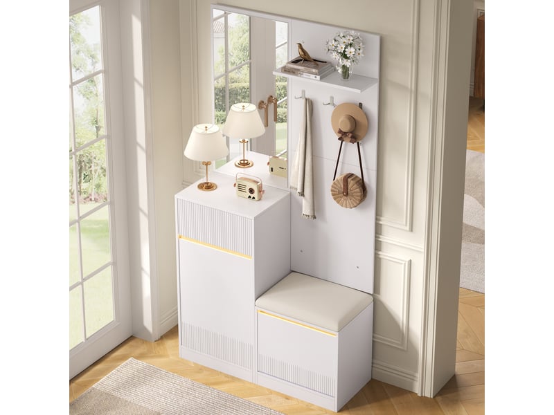  Meubles d'entrée avec miroir, banc et rangement à chaussures, led réglable pour entrée en mdf, 105×38×190 cm, blanc  - Conforama C
