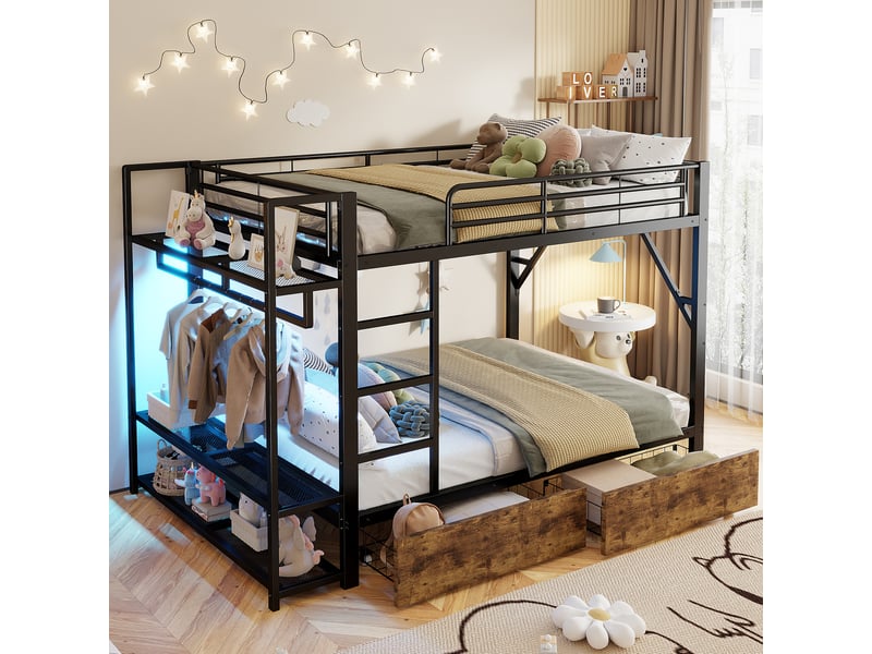  Lit superpose 140x200 cm avec bande lumineuse led et 2 tiroirs, lit enfant avec tringle à vêtements, lit double en noir  - Conforama W