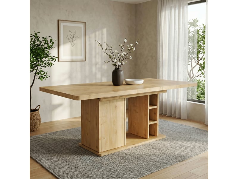  Table à manger extensible, chêne, 140180 × 80 cm, 6-8 personnes, avec rangement, plateau épais, style scandinave  - Conforama B