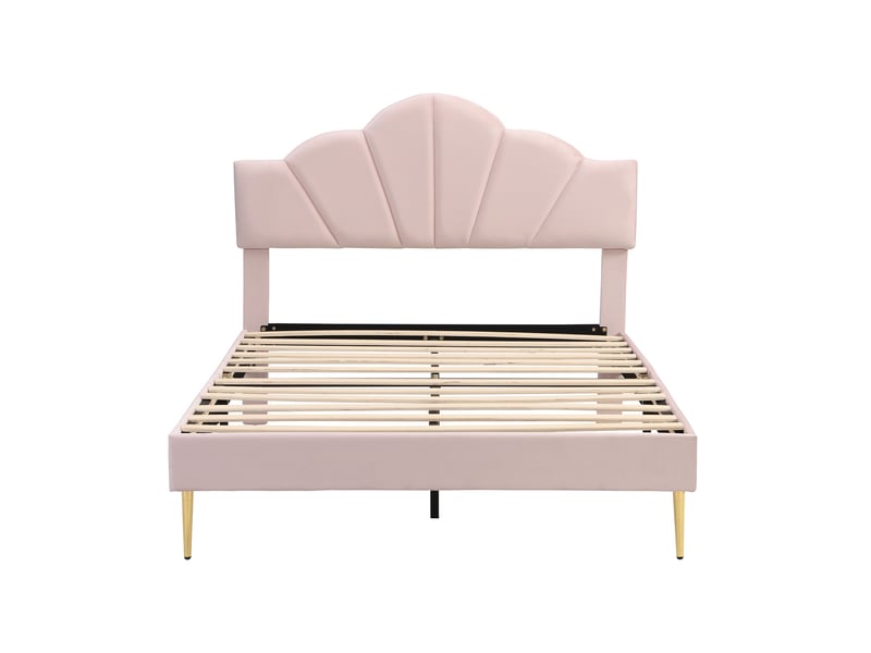  Lit enfant 140x190 cm, lit en forme de coquille avec pieds en fer doré, tête de lit réglable en hauteur, sommier à lattes en bois, rose  - Conforama R
