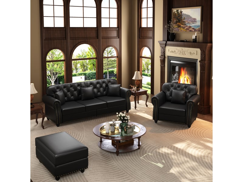  Salon chesterfield 4 places avec pouf en simili cuir noir, 210 cm Fay Lum - Conforama B