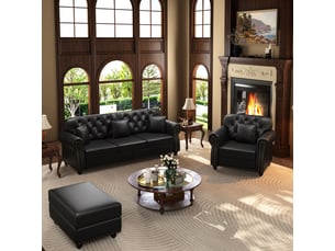 Salon chesterfield 4 places avec pouf en simili cuir noir, 210 cm