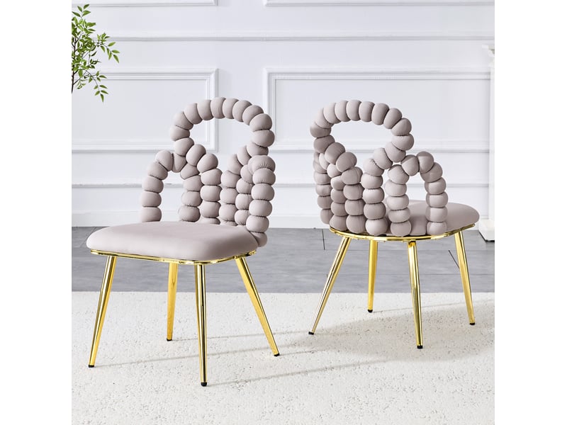  Lot de 2 chaises 48x50x86 cm, assise velours moelleuse, dossier ouvert à chaîne de boules, pieds métal, gris clair  - Conforama E