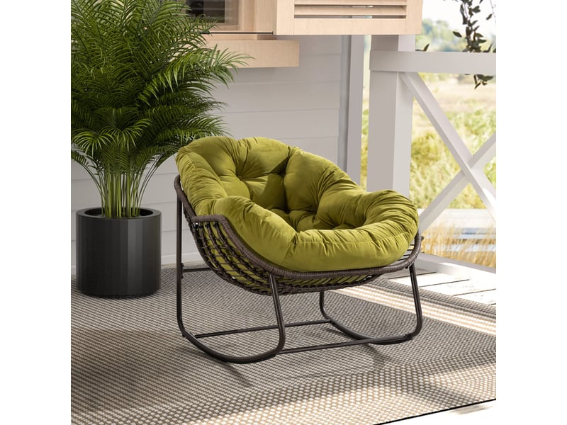 Fauteuil à bascule en rotin vert olive avec coussin rembourré extérieur - Conforama B