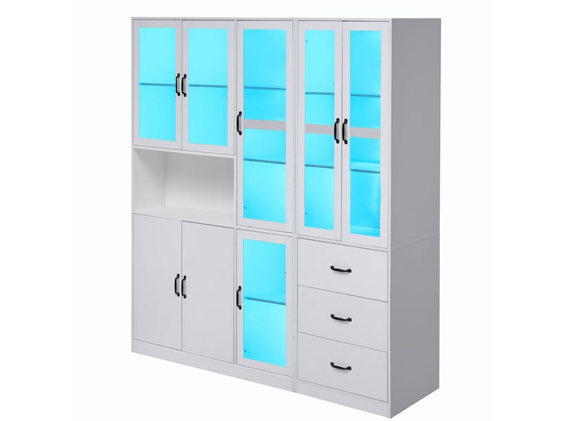  Ensemble de vitrines blanc 180×200 cm avec led, 8 portes et 3 tiroirs pour rangement et exposition  - Conforama D