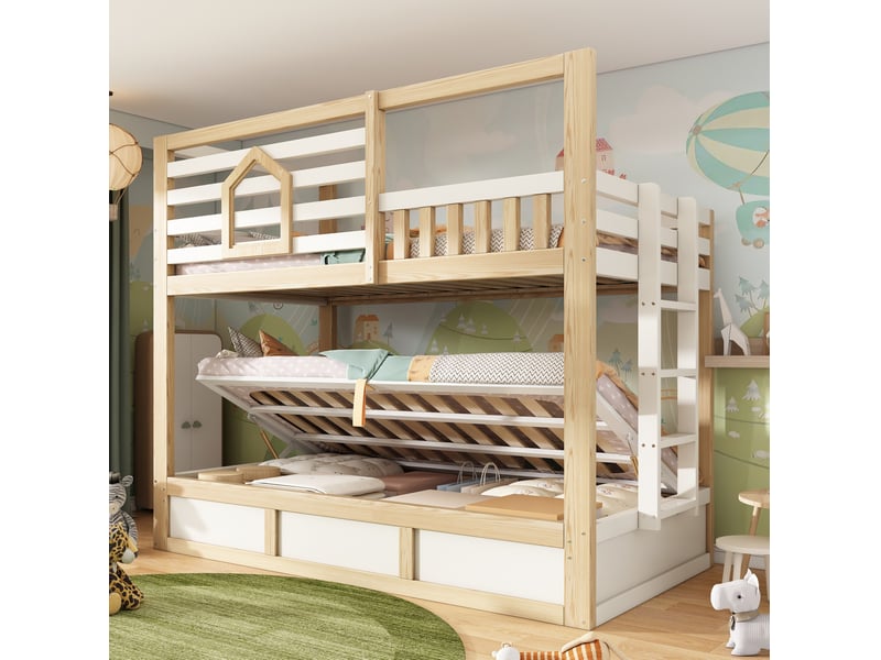  Modenvie lit superposé enfant 90x200 cm - style cabane, rangement hydraulique, sans matelas - blanc  - Conforama B
