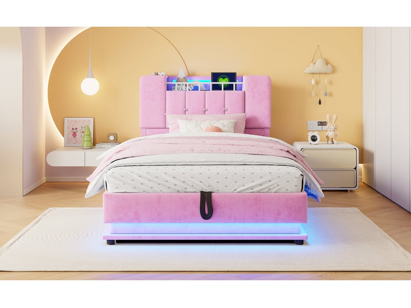  Lit enfant capitonné 90x200 cm rose velours mdf et métal avec éclairage led port usb et coffre hydraulique Sol Morn - Conforama D