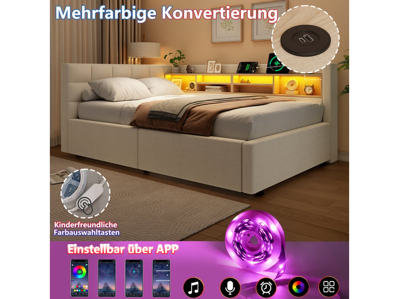  Lit banquette 90x200cm beige, relevage hydraulique, led réglable, étagère pratique, port usb, sans matelas  - Conforama D