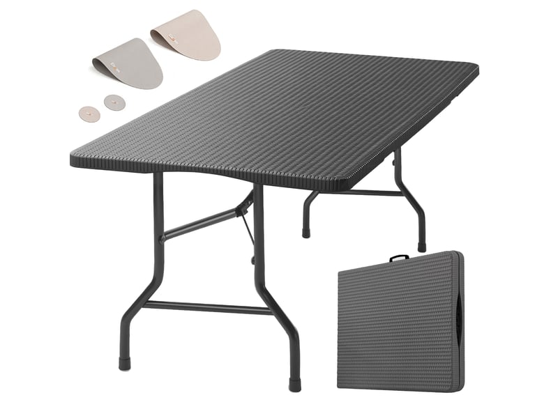  Table pliante extérieur 180x70cm, table pliable jardin pour 8 personnes, noir avec plateau plastique effet rotin noir &amp; cadre métal, 150 kg, 3 verrous sécurité, pour jardin balcon  - Conforama A