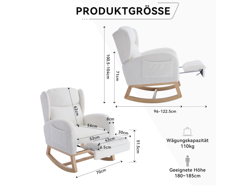  Fauteuil à bascule teddy avec repose-pieds réglable et poche, dossier haut, blanc  - Conforama C