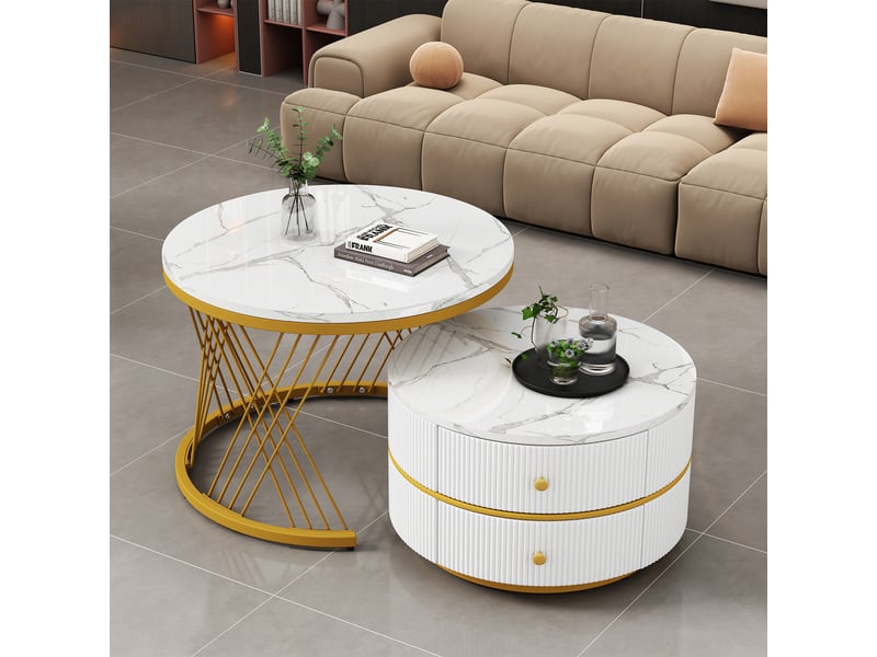  Table basse gigogne blanche lot de 2 tables basses rondes effet marbre avec 2 tiroirs  - Conforama W