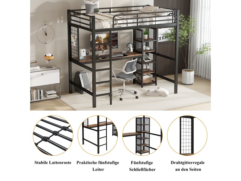  Lit mezzanine 90x200 cm avec bureau et rangements intégrés-échelle et garde-corps en métal-structure mdf et métal-noir  - Conforama D