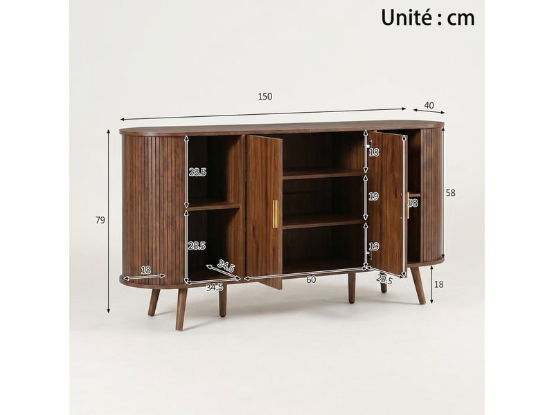  Buffet noyer 150 cm avec portes coulissantes, meuble de rangement salle à manger  - Conforama C