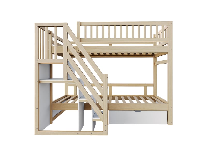 Lit superposé en bois massif 90*200 cm, bois naturel et blanc, échelle avec rangement, tiroirs et garde-corps  - Conforama A