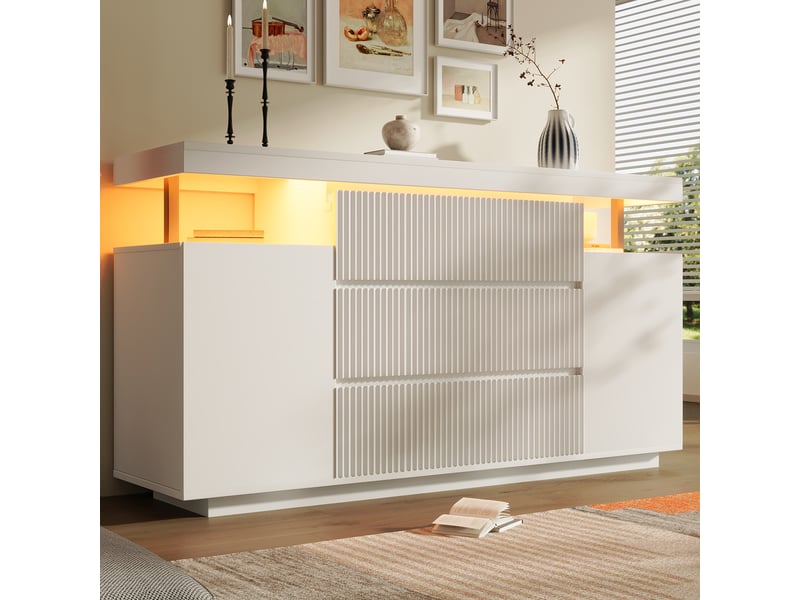 Buffet blanc led 150 × 40 × 78 cm, 6 tiroirs rainurés et 2 portes IKSETERA TRADING LTD - Conforama B