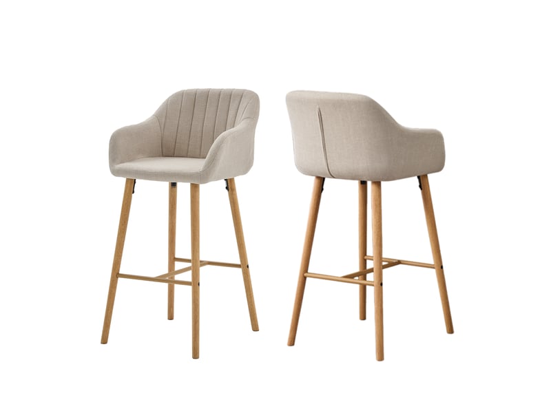  Lot de 2 chaises de bar, siège 75 cm de haut, avec accoudoirs et repose-pieds, pieds en bois massif, beige  - Conforama A