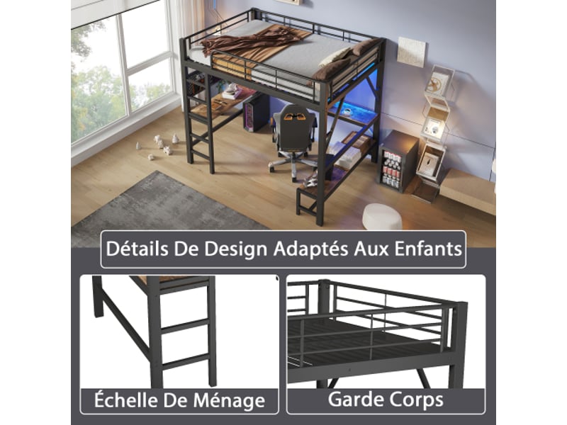  Lit mezzanine,160x200 cm,avec bureau, led et rangement,métal,noir  - Conforama D