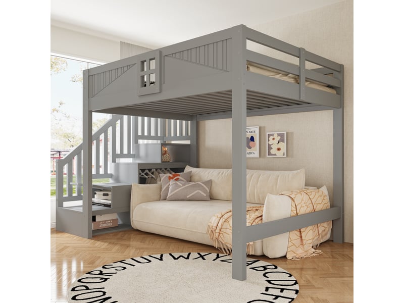 Lit mezzanine 140x200 cm avec barrière design fenêtre, escalier rangement interchangeable, bois massif gris evarich - Conforama E