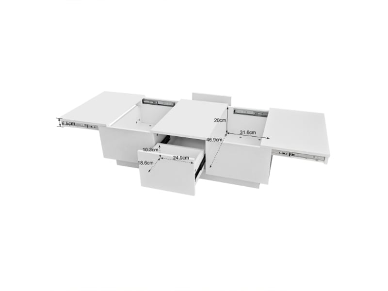  Table basse blanche brillante avec 2 tiroirs, plateau extensible et rangement caché  - Conforama E