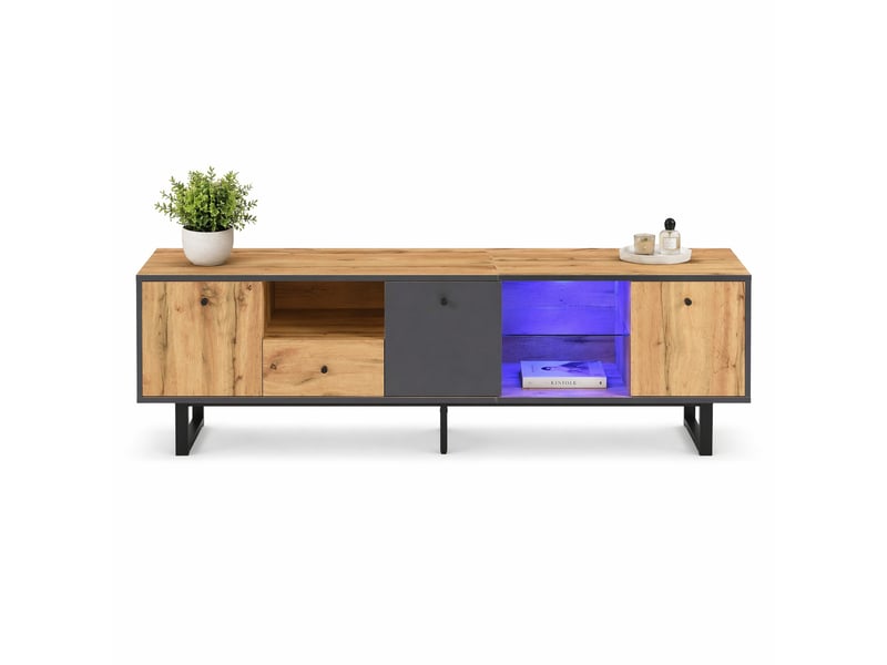  Meuble tv avec 3 portes, 1 tiroir, 3 niches et led pilotée par application pour salon, 190×40×50 cm  - Conforama A