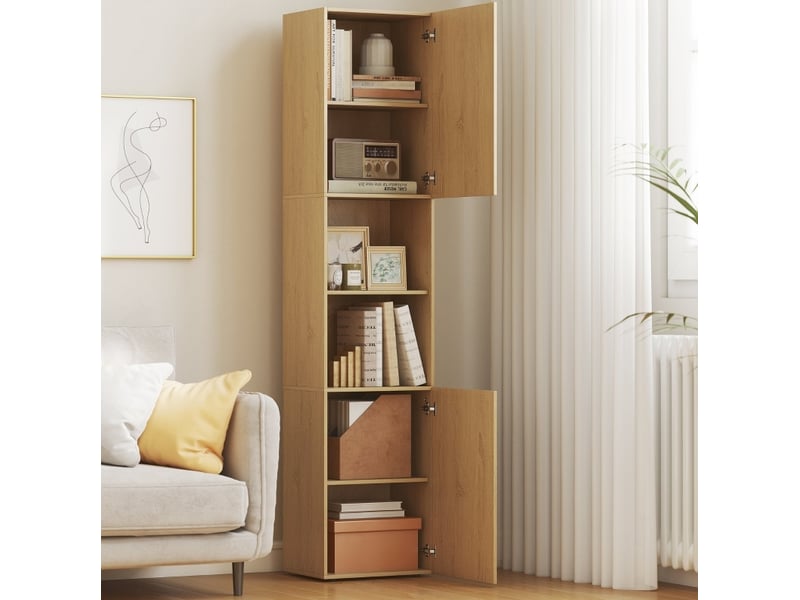  Armoire de salle de bain haute, 6 niveaux, 2 armoires, 2 étagères ouvertes, bois, couleur chêne  - Conforama C