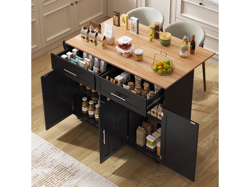  Îlot de cuisine noir avec plateau rabattable, chariot de service sur roulettes avec 2 tiroirs et armoires de rangement, 129x46x91,5cm  - Conforama C