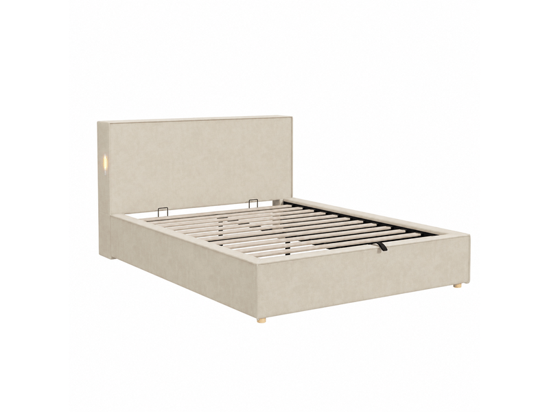 Lit coffre 120 × 200 cm 1 place avec rangement hydraulique et tête de lit, sans matelas, en chenille beige - Conforama E