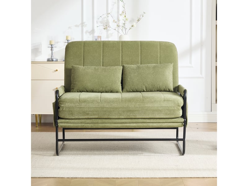 Canapé convertible 2 places modenvie en tissu chenille vert olive avec structure en métal et poches latérales, 104 x 85 x 92 cm - Conforama B