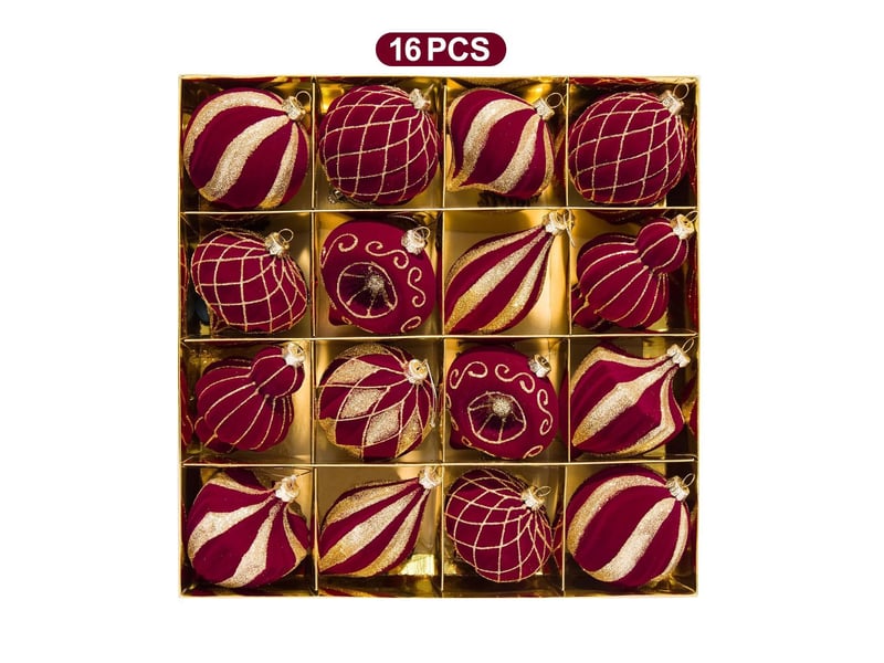  Lot de 16 boules de noël velours bordeaux, 8cm – paillettes dorées, décoration pour sapin et fêtes  - Conforama A