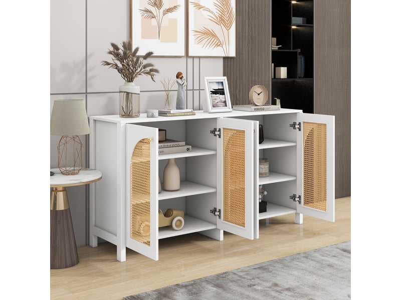  Buffet 4 portes en rotin synthétique 145 cm, poignées métal, blanc Fay Lum - Conforama D