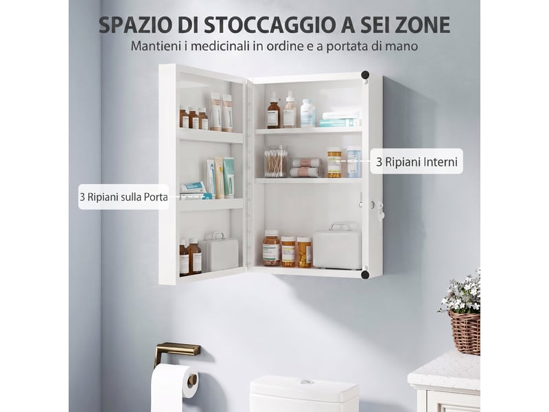 Armoire à pharmacie murale avec 2 clés et 6 compartiments, acier laminé, blanc - Conforama D