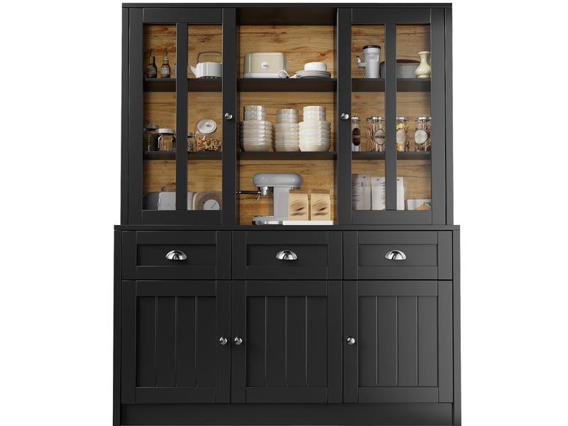  Vaisselier vitrine 140 x 38,5 x 175 cm avec 3 tiroirs, mdf et acrylique noir  - Conforama A
