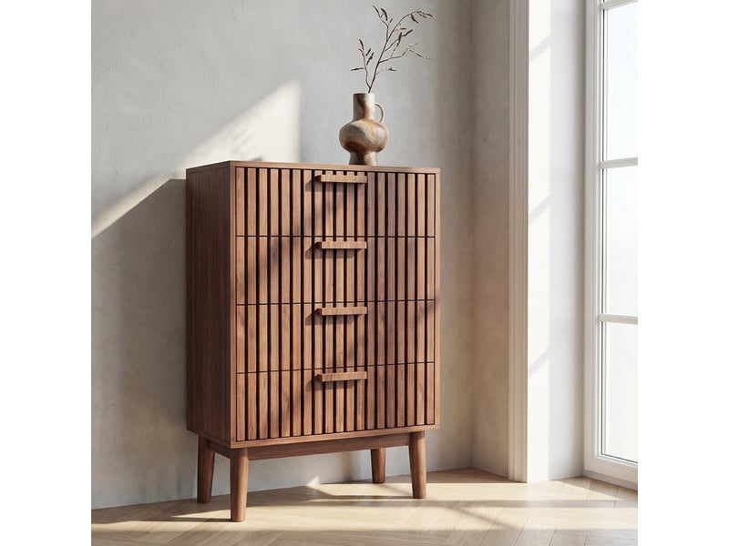  Commode 60, 4 tiroirs, commode chambre, design à lattes verticales, meuble de rangement, couleur noyer  - Conforama B