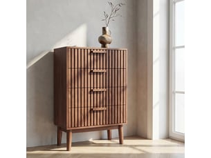 Commode 60, 4 tiroirs, commode chambre, design à lattes verticales, meuble de rangement, couleur noyer
