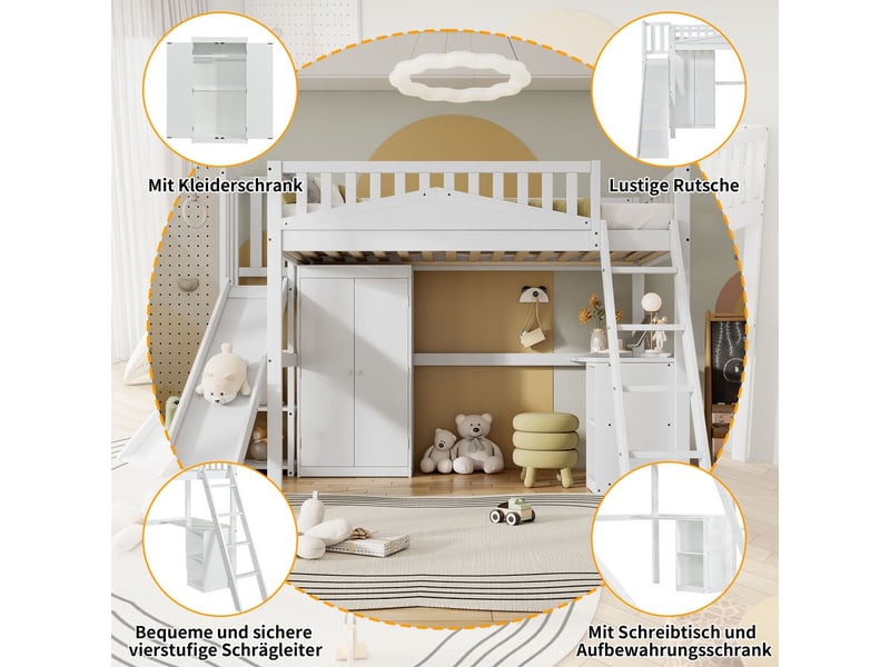  Lit superposé enfant 90x200, toboggan intégré, bureau + penderie, pin mdf blanc  - Conforama D
