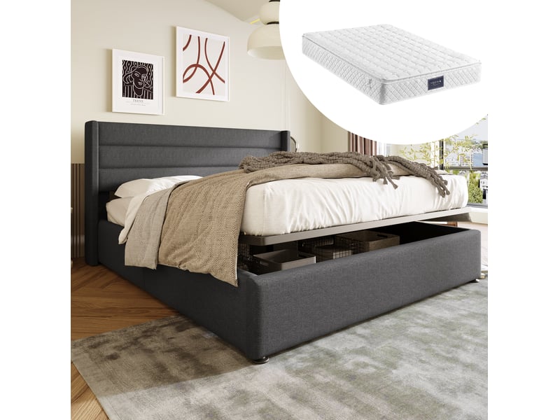  Lit coffre double hydraulique 140 x 200 cm gris en lin avec sommier à lattes  - Conforama B