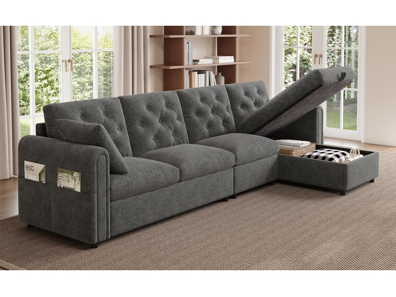  Canapé d'angle, canapé velours — 281 × 86 × 71 cm, en velours, avec rangement, gris  - Conforama E