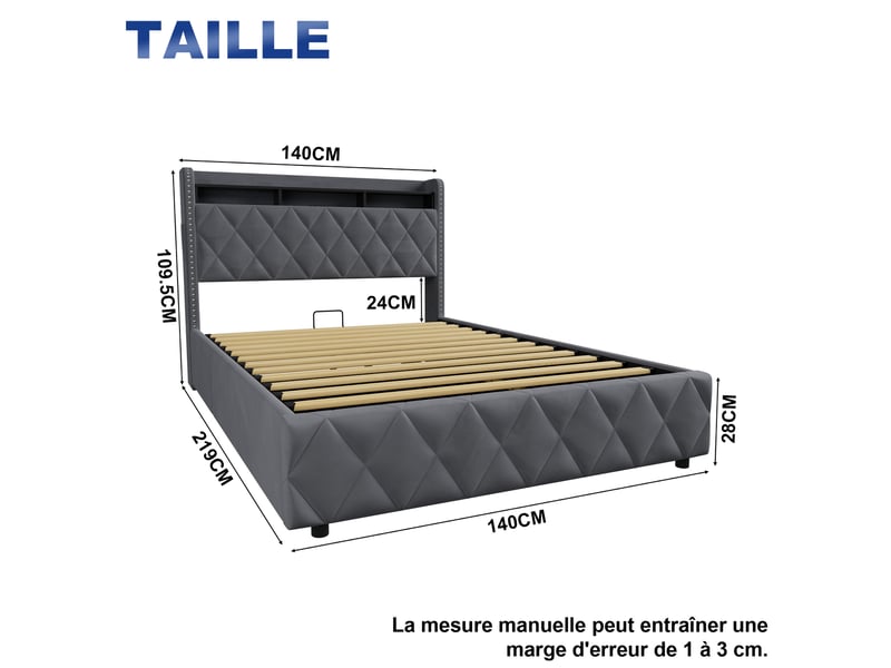  Lit coffre 140x200 cm, hydraulique, tête losange, rangement et led, étagère intégrée, velours gris, sans matelas  - Conforama C