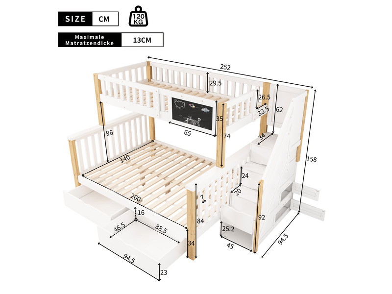 Lit superposé 3 places 90 × 200 cm et 140 × 200 cm avec 2 tiroirs, escalier rangement, sans matelas, blanc chêne clair - Conforama D