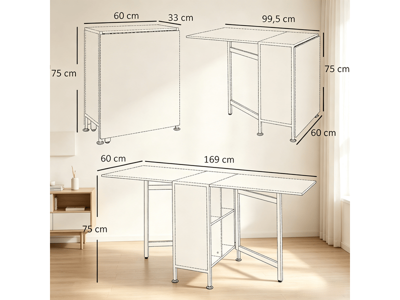Table de cuisine pliable avec 4 niches en mdf et acier 170×60×75 cm blanc et chêne clair - Conforama E