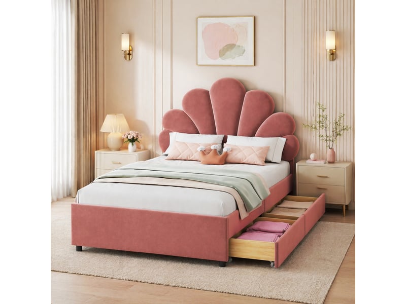Lit enfant 200×90 cm avec 2 tiroirs et tête de lit en pétales, sommier à lattes, sans matelas, en velours rose - Conforama B