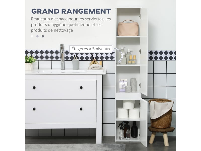  Meuble colonne rangement salle de bain 2 placards 3 étagères réglables style contemporain 30 x 28 x 152,5 cm blanc  - Conforama D