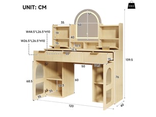 Grande coiffeuse led avec miroir et rangement - 3 tiroirs, 2 vitrines, étagères réglables, bois naturel, 120 x 40 x 139,5 cm