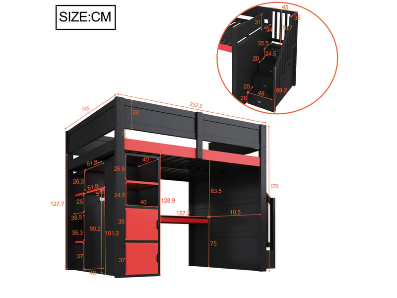 Lit mezzanine 140x200 avec bureau, rangements et led cravdom - Conforama E