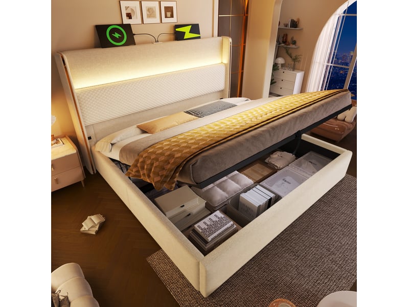  Lit coffre 180x200cm, led intégré, ports de charge, espace de rangement caché, lin, bois, métal, beige, matelas inclus, lit adulte  - Conforama E