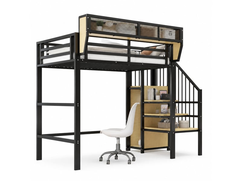  Lit mezzanine enfant 90x200 cm – noir – échelle sécurisée et étagère modulable - sans matelas  - Conforama A